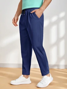 HIMLAND Men's Solid Color Drawstring Waist Pocket Casual Versatile Daily Travel Long Pants - Navy Blue - View 3