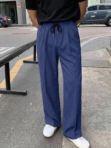 HIMLAND Men's Solid Color Drawstring Waist Pocket Casual Versatile Daily Travel Long Pants - Navy Blue - View 9