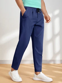 HIMLAND Men's Solid Color Drawstring Waist Pocket Casual Versatile Daily Travel Long Pants - Navy Blue - View 5