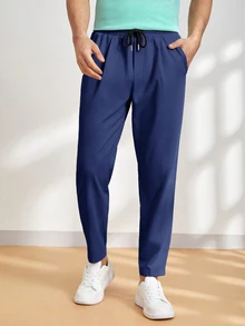 HIMLAND Men's Solid Color Drawstring Waist Pocket Casual Versatile Daily Travel Long Pants - Navy Blue - View 4
