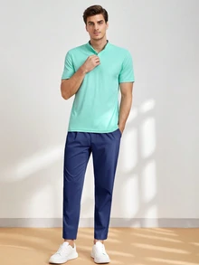 HIMLAND Men's Solid Color Drawstring Waist Pocket Casual Versatile Daily Travel Long Pants - Navy Blue - View 6