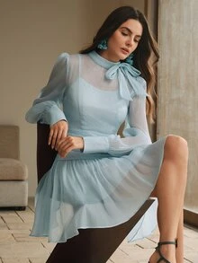 Anewsta Essential Đầm midi đơn giản thanh lịch theo phong cách cung điện cổ điển dành cho nữ, trang phục mùa xuân dành cho phụ nữ - Màu xanh lam - Xem 3