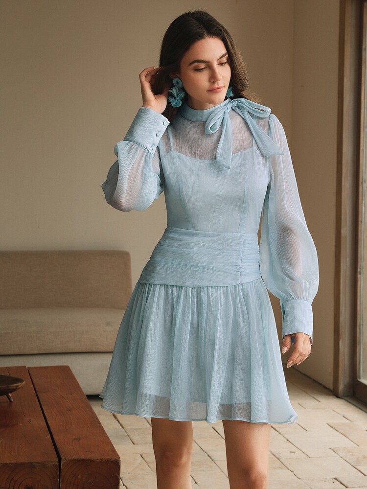 Anewsta Essential Vestido midi elegante de cintura ceñida de estilo vintage palaciego, conjunto de primavera para mujeres - Azul - Añade 7