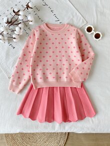 SHEIN مجموعة من قطعتين للفتيات الصغيرات، كنزة بأكمام طويلة مزينة بفيونكة ثلاثية الأبعاد وتنورة مطوية، خريف/شتاء - متعدد الألوان - مشاهدة 3