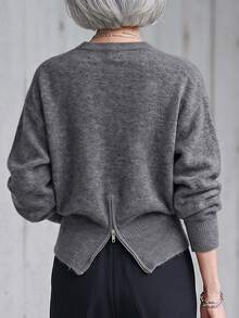 FRIFUL Women's Korean Style Autumn Solid Color Knit Sweater For Middle-Aged Women Long Sleeve Tops - Dark Grey - View 1