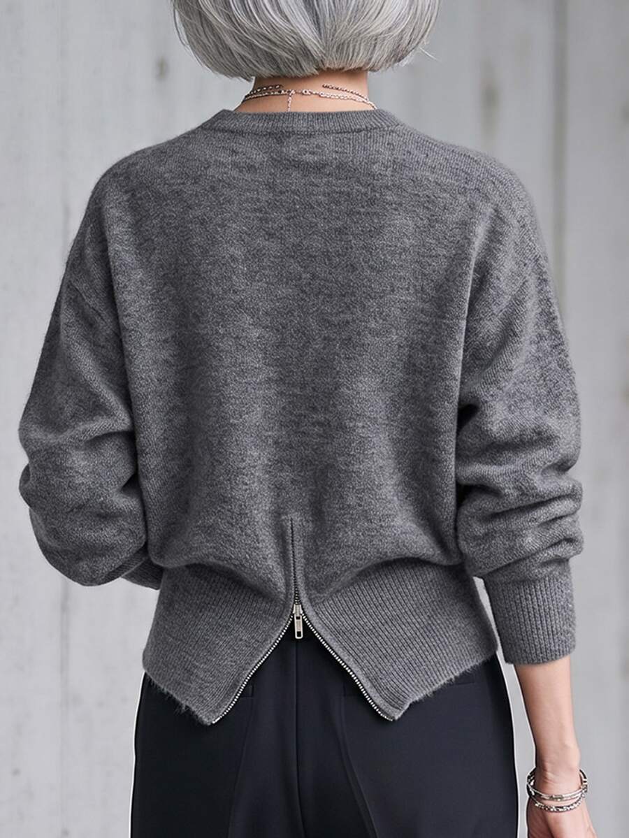 FRIFUL Women's Korean Style Autumn Solid Color Knit Sweater For Middle-Aged Women Long Sleeve Tops - Dark Grey - View 1