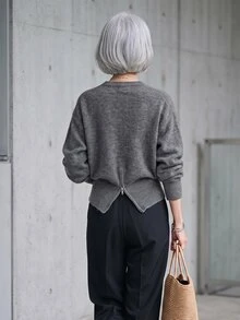 FRIFUL Women's Korean Style Autumn Solid Color Knit Sweater For Middle-Aged Women Long Sleeve Tops - Dark Grey - View 3