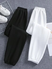 2件組青少年女孩休閒寬鬆可愛運動褲，抓絨保暖，冬季，黑白配色，針織，適合假期、正式場合、工作、騎行與運動 - 黑與白 - 查看 7