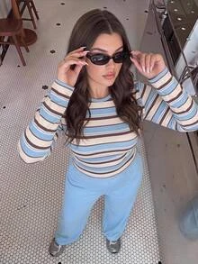 Solavibe Plus Size Blue Powder Blue Top Wide Leg Pants Two Pieces Set For Campus Casual Traditional Urban Stroll Back To School Autumn Formal Vacation - Blue - View 7