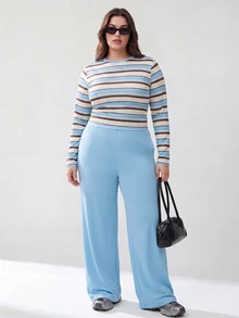 Solavibe Plus Size Blue Powder Blue Top Wide Leg Pants Two Pieces Set For Campus Casual Traditional Urban Stroll Back To School Autumn Formal Vacation - Blue - View 9