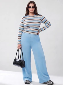 Solavibe Plus Size Blue Powder Blue Top Wide Leg Pants Two Pieces Set For Campus Casual Traditional Urban Stroll Back To School Autumn Formal Vacation - Blue - View 8