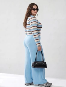 Solavibe Plus Size Blue Powder Blue Top Wide Leg Pants Two Pieces Set For Campus Casual Traditional Urban Stroll Back To School Autumn Formal Vacation - Blue - View 11