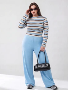 Solavibe Plus Size Blue Powder Blue Top Wide Leg Pants Two Pieces Set For Campus Casual Traditional Urban Stroll Back To School Autumn Formal Vacation - Blue - View 6