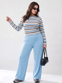 Solavibe Plus Size Blue Powder Blue Top Wide Leg Pants Two Pieces Set For Campus Casual Traditional Urban Stroll Back To School Autumn Formal Vacation - Blue - View 5