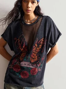 Bohemela 波西米亚风休闲玫瑰与蝴蝶图案针织拼布网眼镂空短袖宽松女士T恤 - 黑色 - 查看 7