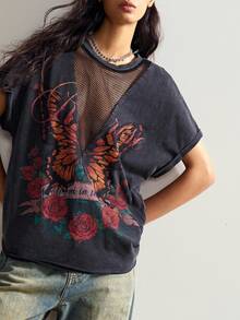 Bohemela 波西米亚风休闲玫瑰与蝴蝶图案针织拼布网眼镂空短袖宽松女士T恤 - 黑色 - 查看 6