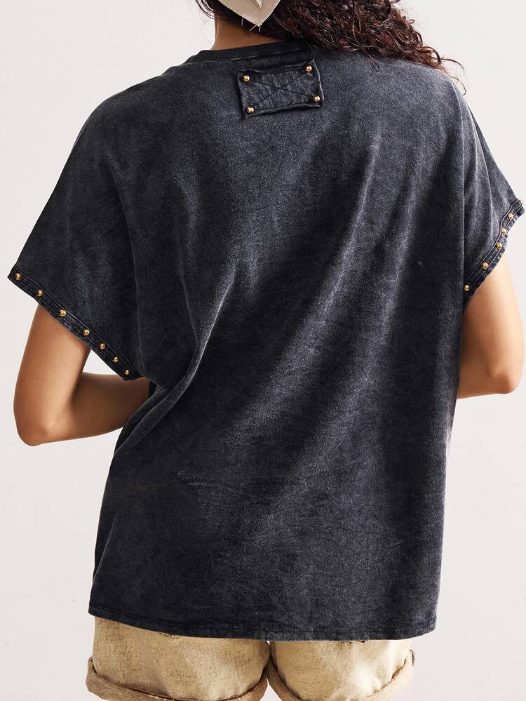 Bohemela Summer Women's Washed Solid Color Loose Fit Patchwork Mesh Baddie Sexy 2000s Knitted Crew Neck Short Sleeve T-Shirt Vacation Night Out Dark Grey - Black - View 8