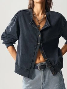 Bohemela Casual Solid Color Knit Loose Wash Jacket For Women - Black - View 7