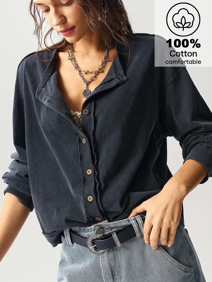 Bohemela Casual Solid Color Knit Loose Wash Jacket For Women - Black - View 1