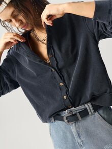 Bohemela Casual Solid Color Knit Loose Wash Jacket For Women - Black - View 5