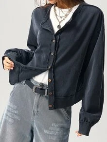Bohemela Casual Solid Color Knit Loose Wash Jacket For Women - Black - View 4