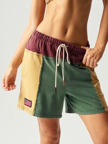 Bohemela BOHO Knit Color Blocking Loose Washed Women's Shorts - Red - View 8