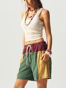 Bohemela BOHO Knit Color Blocking Loose Washed Women's Shorts - Red - View 7
