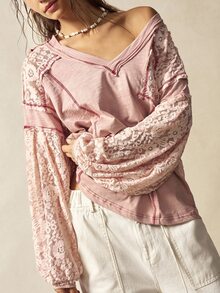 Bohemela 秋冬女士波西米亚风度假休闲纯色针织蕾丝拼布V领宽松长袖运动衫 - 粉色 - 查看 7