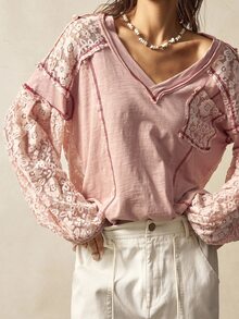 Bohemela 秋冬女士波西米亚风度假休闲纯色针织蕾丝拼布V领宽松长袖运动衫 - 粉色 - 查看 6