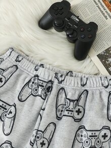 SHEIN 2件組男孩休閒可愛兒童日常度假舒適遊戲機圖案法蘭絨圓領套頭睡衣秋季長褲家居服套裝 灰色，校園 - 灰色 - 查看 5