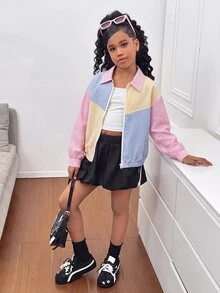 SHEIN 少女彩色條紋拼接長袖夾克，適合外出、購物、開學季的百搭外套，兒童休閒日常穿著 - 彩色 - 查看 5