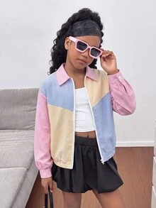 SHEIN 少女彩色條紋拼接長袖夾克，適合外出、購物、開學季的百搭外套，兒童休閒日常穿著 - 彩色 - 查看 4