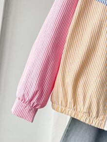 SHEIN 少女彩色條紋拼接長袖夾克，適合外出、購物、開學季的百搭外套，兒童休閒日常穿著 - 彩色 - 查看 8