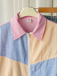 SHEIN 少女彩色條紋拼接長袖夾克，適合外出、購物、開學季的百搭外套，兒童休閒日常穿著 - 彩色 - 查看 11