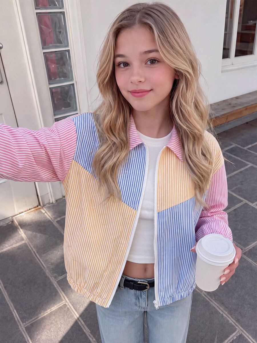 SHEIN Tween Girl Colorful Striped Patchwork Long Sleeve Jacket, Versatile Outerwear For Outings, Shopping, Back To School Season, Casual Daily Wear For Kids - Multicolor - View 1