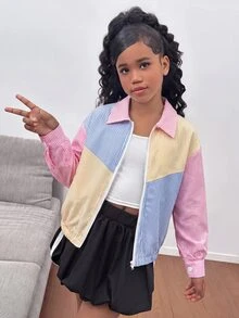 SHEIN 少女彩色條紋拼接長袖夾克，適合外出、購物、開學季的百搭外套，兒童休閒日常穿著 - 彩色 - 查看 1