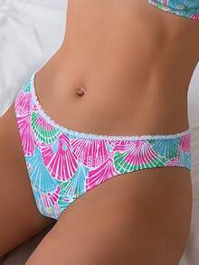 SHEIN Swim 女士夏季海滩贝壳印花性感比基尼套装，随机印花 - 彩色 - 查看 4