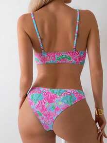 SHEIN Swim 女士夏季海滩贝壳印花性感比基尼套装，随机印花 - 彩色 - 查看 2