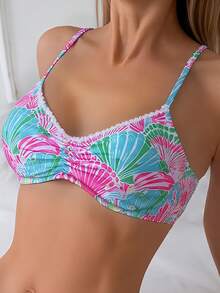 SHEIN Swim 女士夏季海滩贝壳印花性感比基尼套装，随机印花 - 彩色 - 查看 3