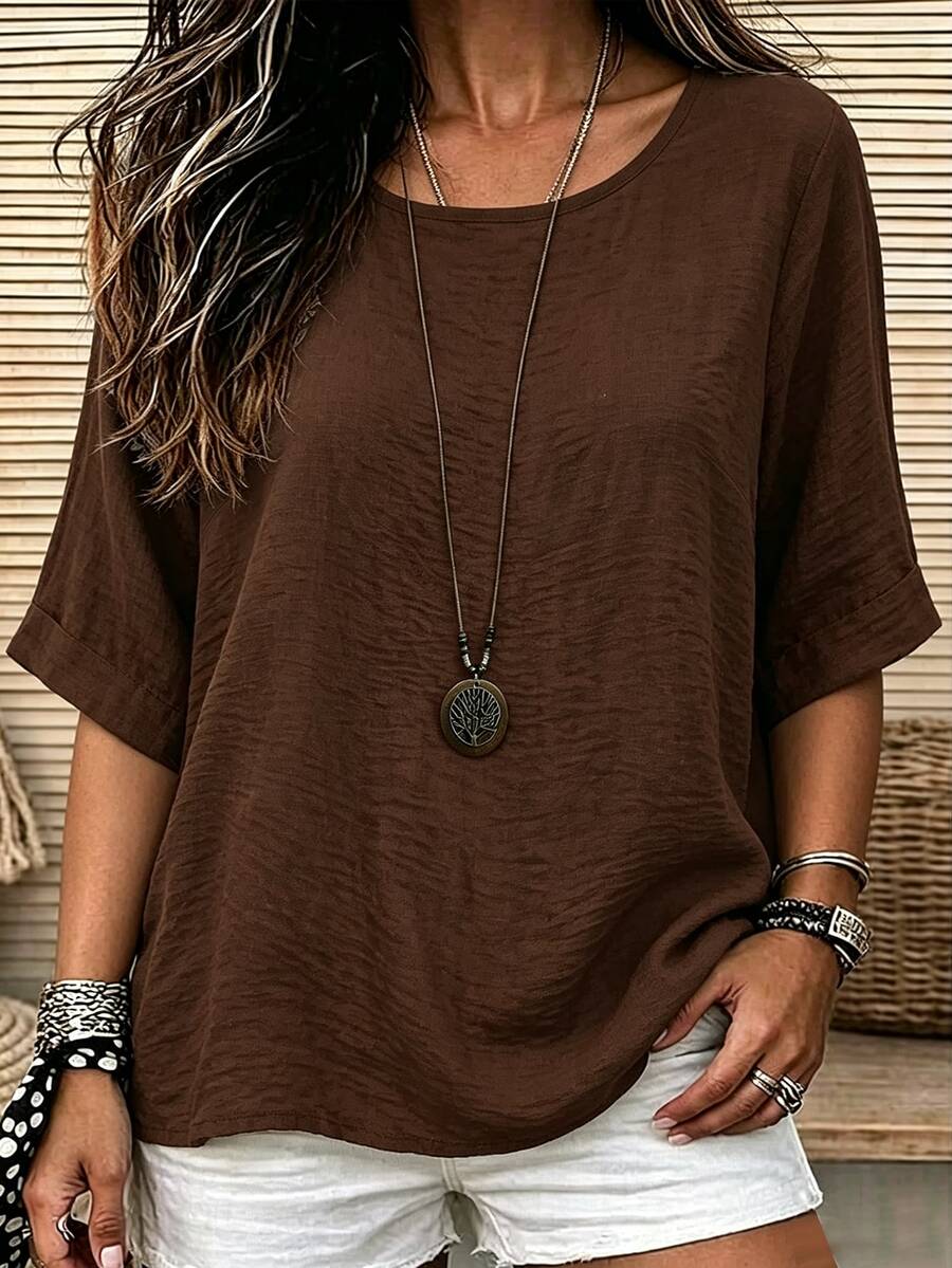 SHEIN LUNE CURVE Plus Size Women's Crew Neck Casual/Daily/Outdoor/Minimalist/Vacation Textured Grass Green Pullover Top, Spring/Summer - Coffee Brown - View 1