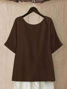 SHEIN LUNE CURVE Plus Size Women's Crew Neck Casual/Daily/Outdoor/Minimalist/Vacation Textured Grass Green Pullover Top, Spring/Summer - Coffee Brown - View 2