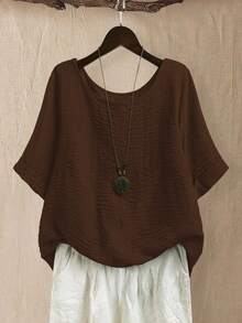 SHEIN LUNE CURVE Plus Size Women's Crew Neck Casual/Daily/Outdoor/Minimalist/Vacation Textured Grass Green Pullover Top, Spring/Summer - Coffee Brown - View 3