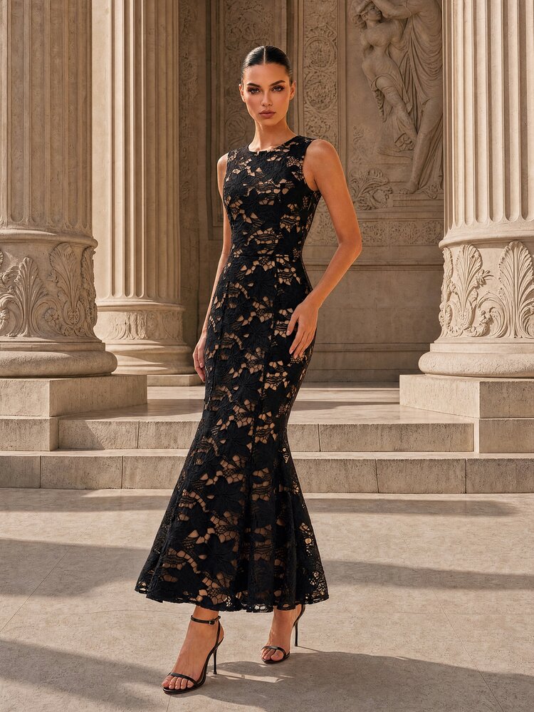 MOTF PREMIUM FASHIONABLE WAIST-CINCHED SLIMMING ROMANTIC ROUND NECK MERMAID WOMEN'S DRESS - Black - View 3