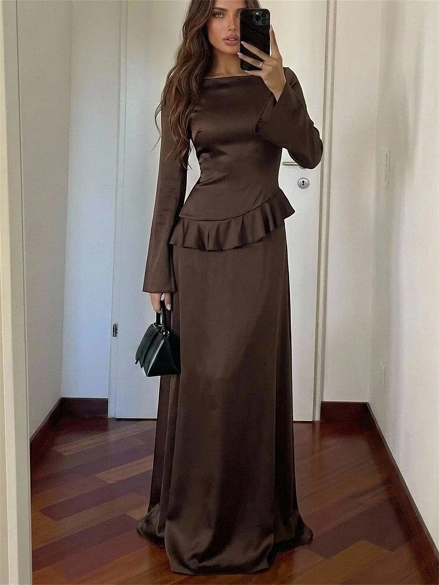 Aloruh Women's Elegant Square Neck Flare Sleeve Ruffle Cinched Waist Back A-Line Satin Brown Maxi Dress Night Dinner Party Autumn,Weedding Guest,Brown Dress