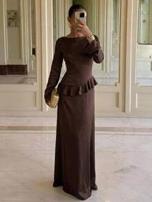 Aloruh Women's Elegant Square Neck Flare Sleeve Ruffle Cinched Waist Back A-Line Satin Brown Maxi Dress Night Dinner Party Autumn,Weedding Guest,Brown Dress - Brown - View 3