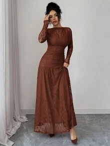 Elenzga Autumn/Winter Women's Criss-Cross Lace Ruffle Bodycon Dress, Versatile For Outings, Date Nights, Theme Parties, Celebrations - Brown - View 6