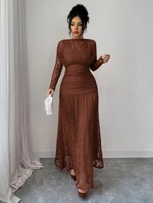 Elenzga Autumn/Winter Women's Criss-Cross Lace Ruffle Bodycon Dress, Versatile For Outings, Date Nights, Theme Parties, Celebrations - Brown - View 5