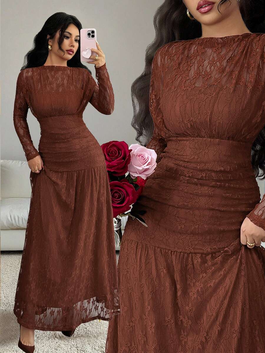 Elenzga Autumn/Winter Women's Criss-Cross Lace Ruffle Bodycon Dress, Versatile For Outings, Date Nights, Theme Parties, Celebrations - Brown - View 1