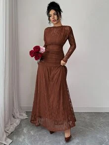 Elenzga Autumn/Winter Women's Criss-Cross Lace Ruffle Bodycon Dress, Versatile For Outings, Date Nights, Theme Parties, Celebrations - Brown - View 4
