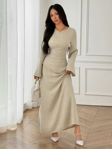 SHEIN PETITE Apricot Long-Sleeved Maxi Dress With Flared Sleeves For Petite Women (Autumn/Winter) - Apricot - View 5